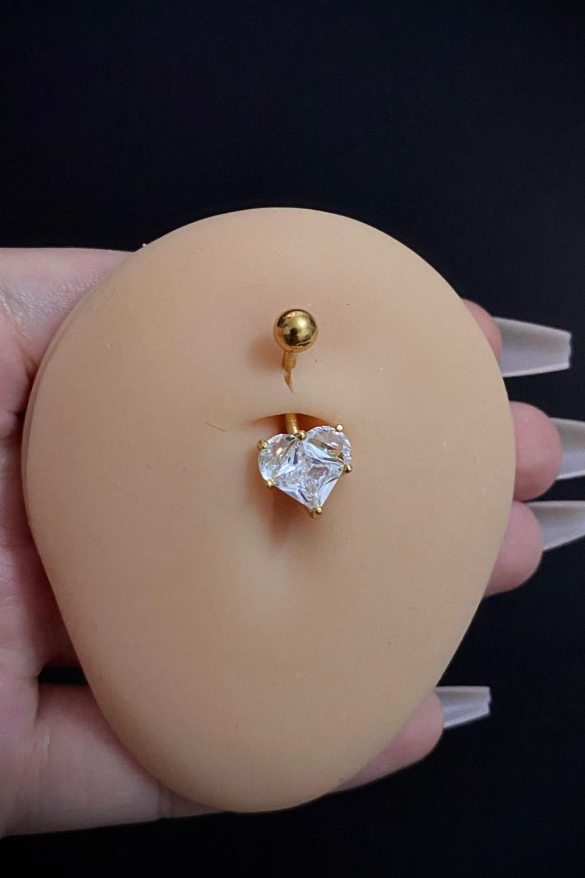 Kadın Gold Büyük Kalp Figürlü Zirkon Taşlı Belly Çelik Göbek Piercing