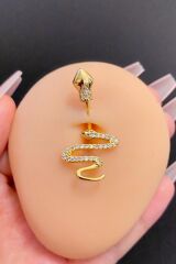 Kadın Gold Zirkon Taşlı Yılan Figürlü Çelik Göbek Piercing