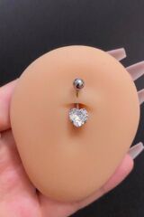 Kadın Gümüş Zirkon Taşlı Kalp Figürlü Çelik Göbek Piercing