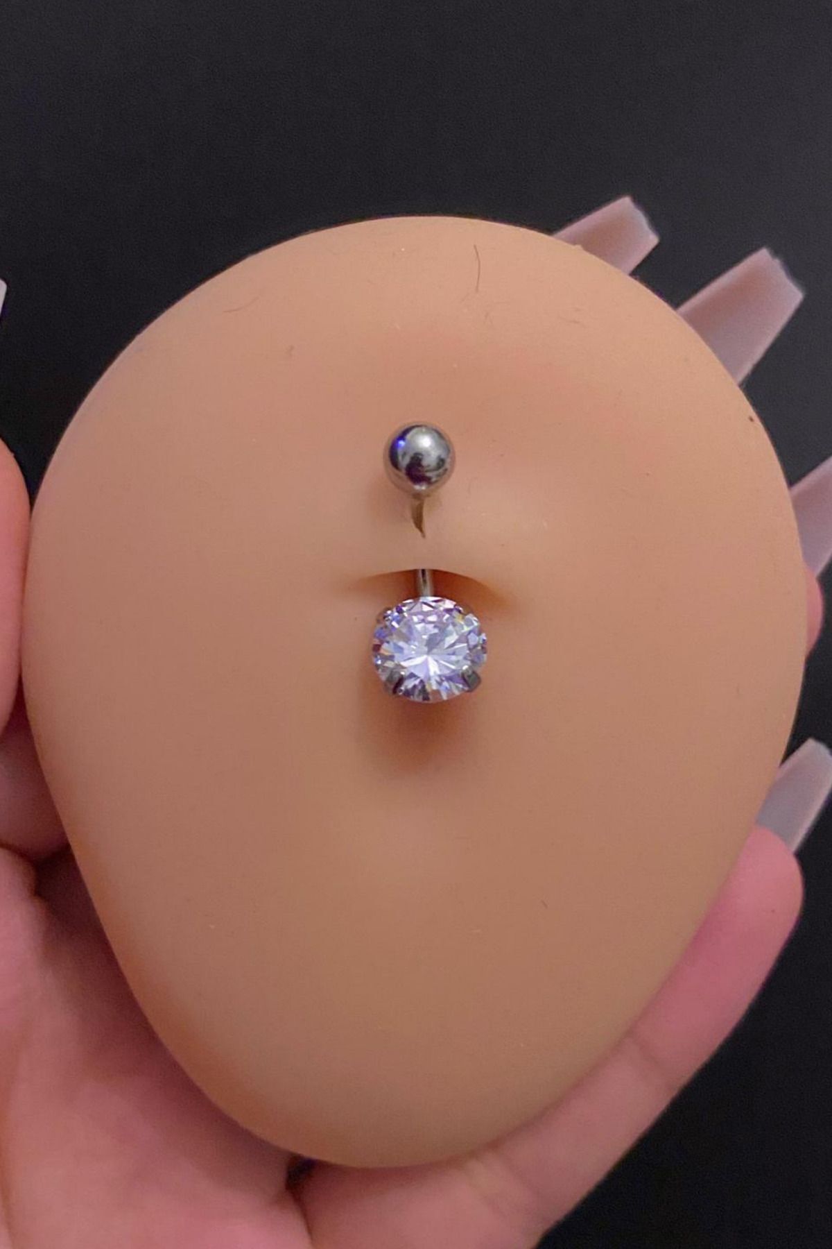 Kadın Gümüş Yuvarlak Zirkon Taşlı Çelik Göbek Piercing