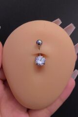 Kadın Gümüş Yuvarlak Zirkon Taşlı Çelik Göbek Piercing