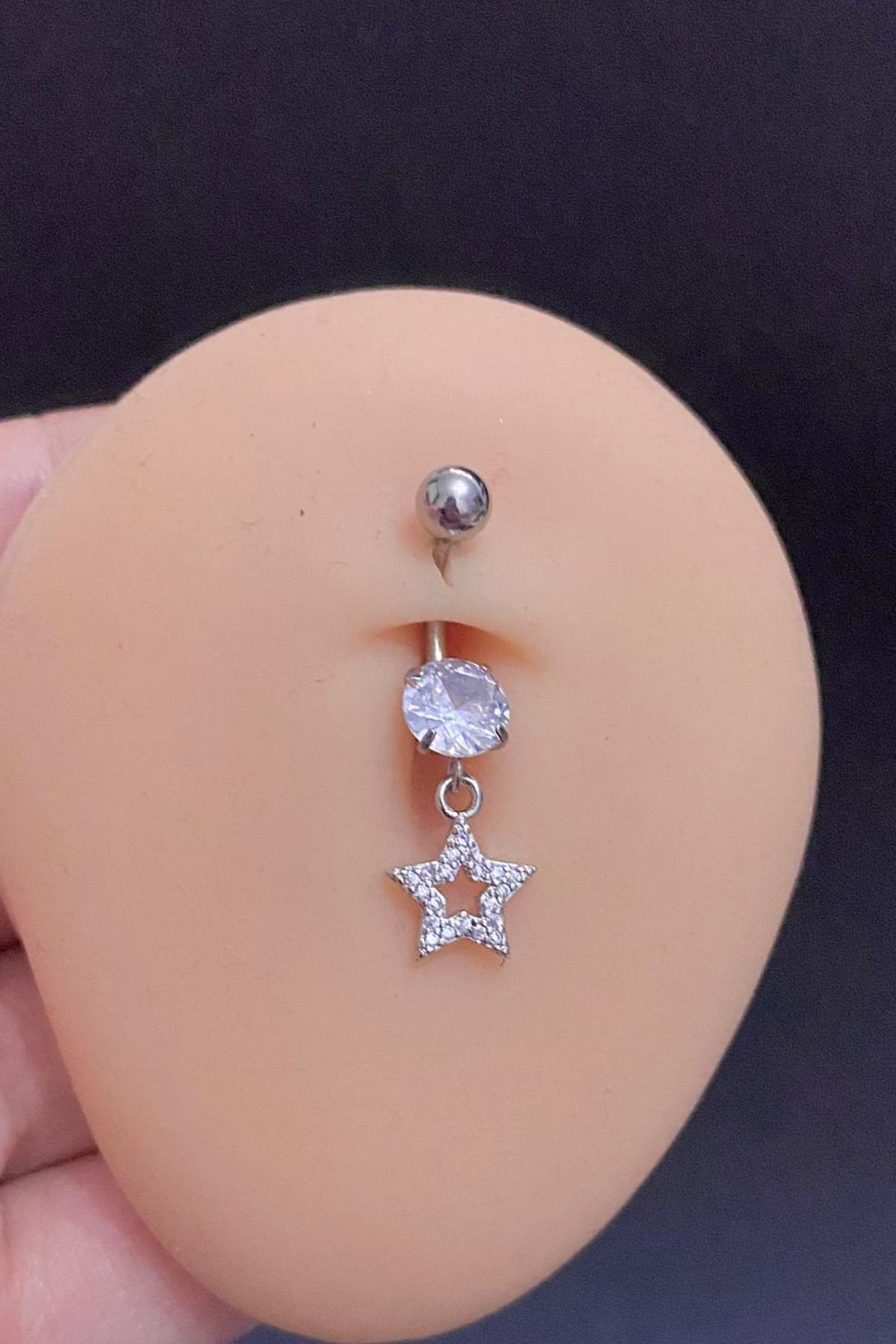 Kadın Gümüş Sallantılı Zirkon Taşlı Yıldız Figürlü Çelik Göbek Piercing