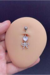 Kadın Gümüş Sallantılı Zirkon Taşlı Fiyonk Figürlü Çelik Göbek Piercing
