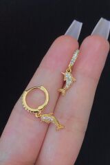 Kadın Yunus Balığı Figür Zirkon Taşlı Tragus Helix Kıkırdak Sallantılı Çelik Halka Piercing