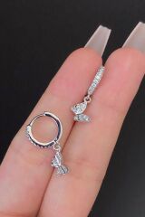 Kadın Kelebek Figürlü Zirkon Taşlı Tragus Helix Kıkırdak Sallantılı Çelik Halka Piercing