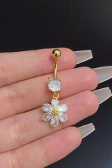 Kadın Gold Papatya Figürlü Sallantılı Zirkon Taşlı Çelik Göbek Piercing