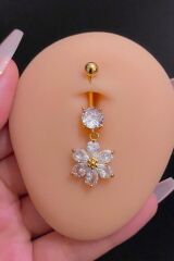Kadın Gold Papatya Figürlü Sallantılı Zirkon Taşlı Çelik Göbek Piercing