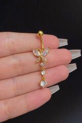 Kadın Gold Kelebek Figürlü Sallantılı Zirkon Taşlı Çelik Göbek Piercing