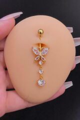 Kadın Gold Kelebek Figürlü Sallantılı Zirkon Taşlı Çelik Göbek Piercing