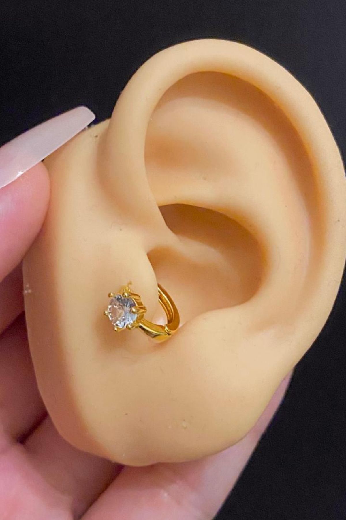 Kadın Gold Büyük Zirkon Taşlı Tragus Helix Kıkırdak Çelik Halka Piercing 6mm