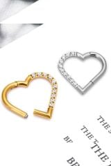 Kadın Sol Kulak Kilitli Kalp Figürlü Zirkon Taşlı Tragus Daith Rook Septum Halka Çelik Piercing