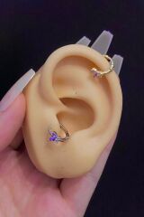 Kadın Kelebek Figürlü Mor Zirkon Taşlı Tragus Helix Kıkırdak Halka Çelik Piercing