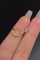 Kadın Kelebek Figürlü Mor Zirkon Taşlı Tragus Helix Kıkırdak Halka Çelik Piercing