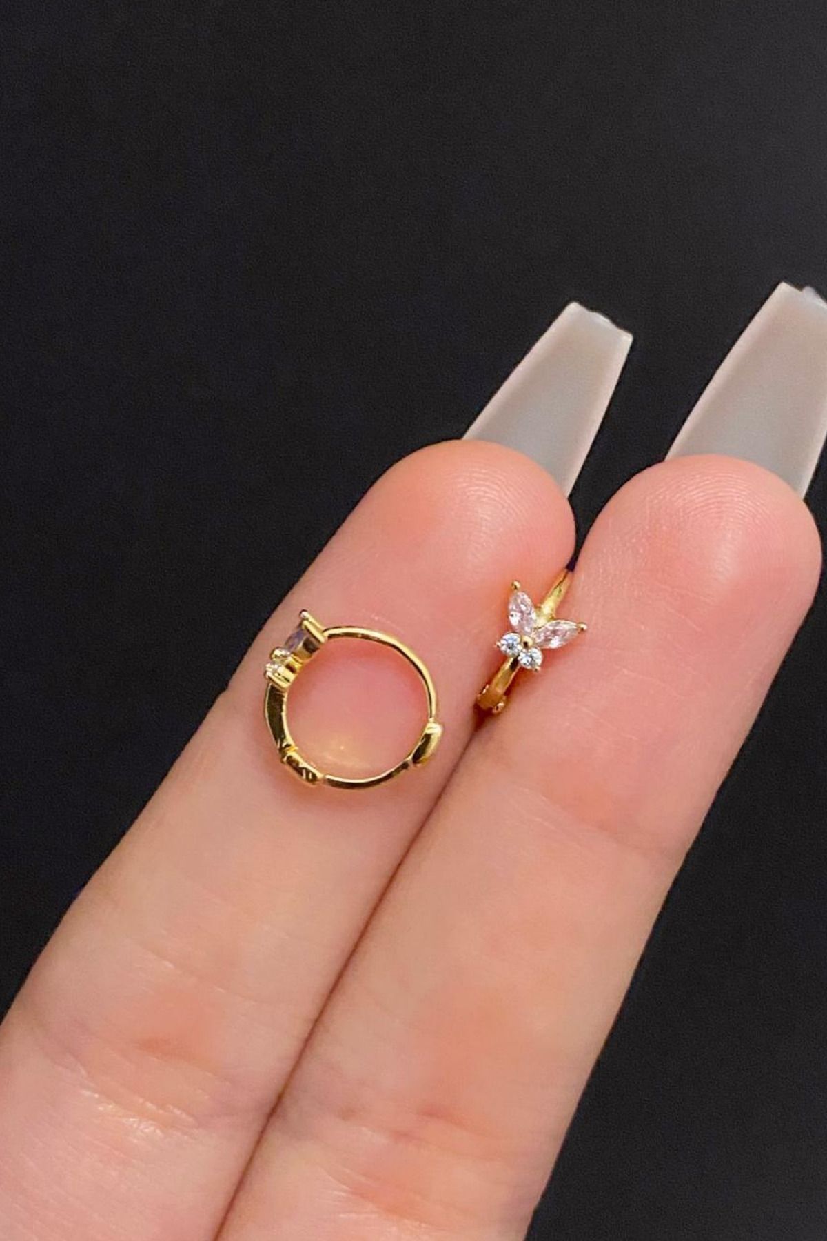 Kadın Kelebek Figürlü Pembe Zirkon Taşlı Tragus Helix Daith Kıkırdak Halka Çelik Piercing