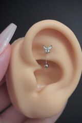 Kadın Kelebek Figürlü Hologram Taşlı Rook Ve Kaş Çelik Piercing