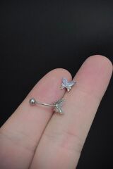 Kadın Kelebek Figürlü Mavi Zirkon Taşlı Rook ve Kaş Çelik Piercing