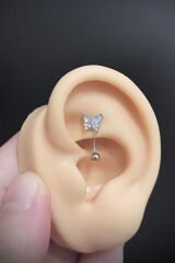 Kadın Kelebek Figürlü Mavi Zirkon Taşlı Rook ve Kaş Çelik Piercing