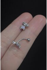 Kadın Ayı Figürlü Mavi Zirkon Taşlı Rook ve Kaş Çelik Piercing