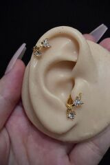 Kadın Kelebek Figürlü Sallantılı Zirkon Taşlı Tragus Helix Kıkırdak Halka Çelik Piercing