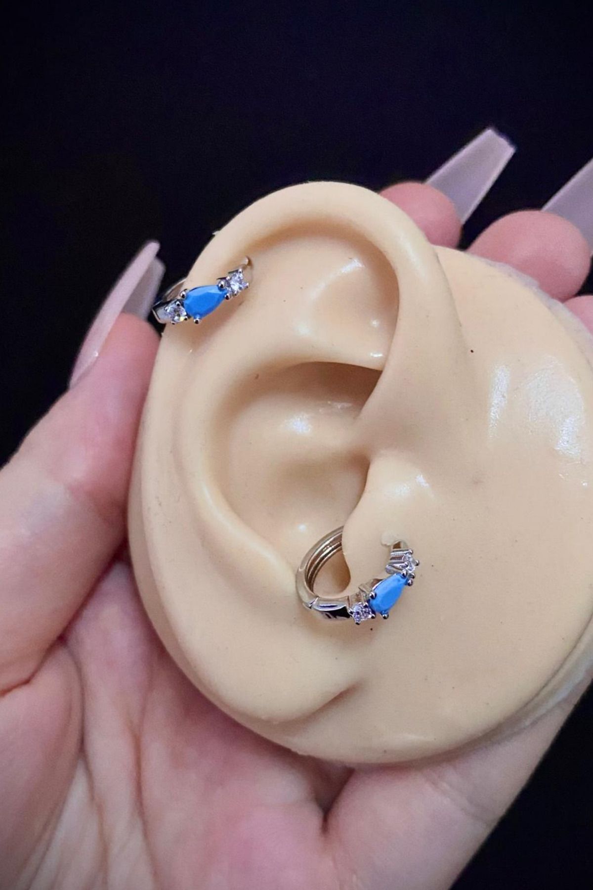 Kadın Turkuaz ve Zirkon Taşlı Tragus Helix Kıkırdak Daith Çelik Piercing