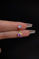 Kadın Gold Hologram Yıldız Zirkon Taşlı Belly Çelik Göbek Piercing