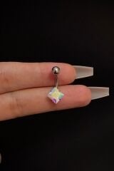 Kadın Gümüş Kare Hologram Zirkon Taşlı Belly Çelik Göbek Piercing
