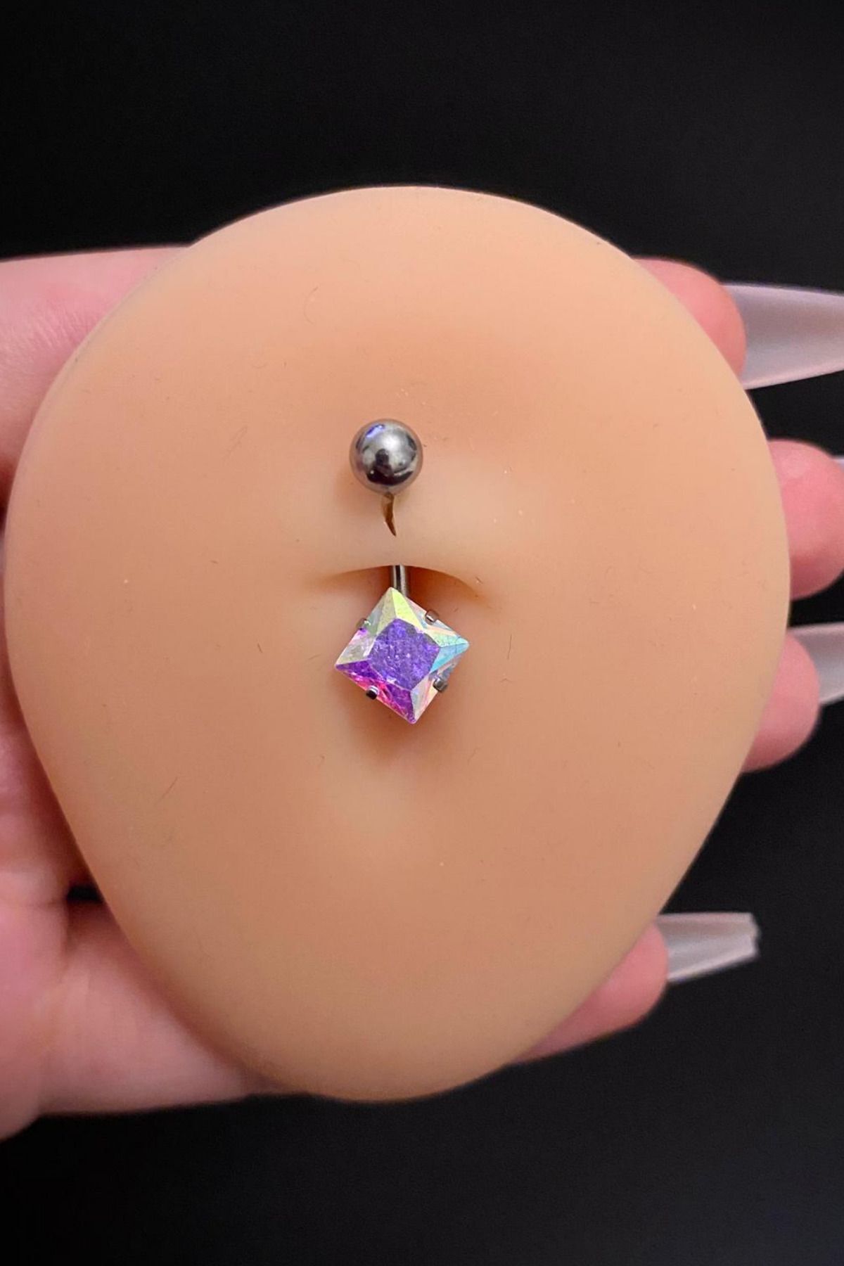 Kadın Gümüş Kare Hologram Zirkon Taşlı Belly Çelik Göbek Piercing