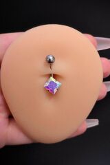 Kadın Gümüş Kare Hologram Zirkon Taşlı Belly Çelik Göbek Piercing