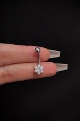 Kadın Gümüş Çiçek Figürlü Zirkon Taşlı Belly Çelik Göbek Piercing