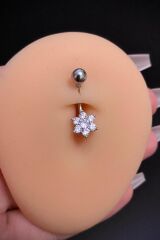 Kadın Gümüş Çiçek Figürlü Zirkon Taşlı Belly Çelik Göbek Piercing