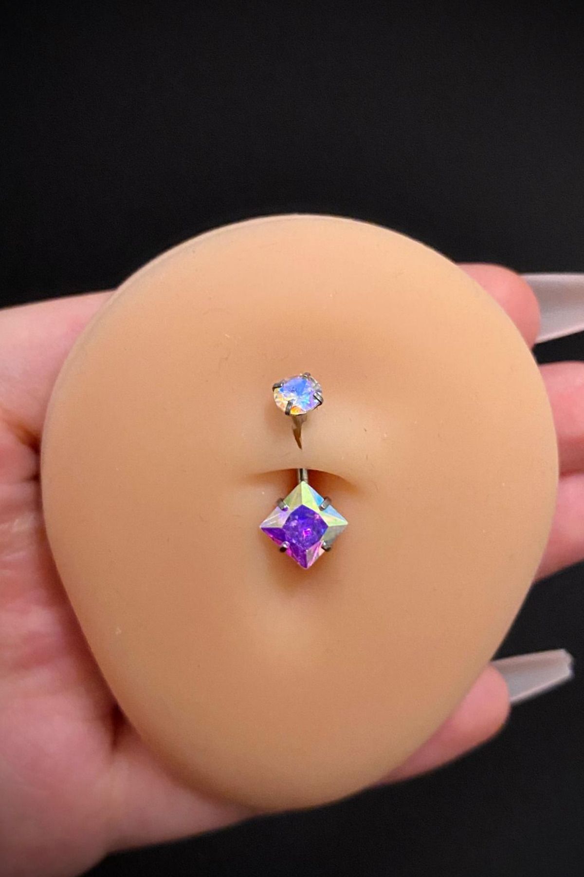 Kadın Gümüş Hologram Kare Zirkon Taşlı Belly Çelik Göbek Piercing