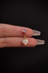Kadın Gold Gökkuşağı Kalp Zirkon Taşlı Belly Çelik Göbek Piercing