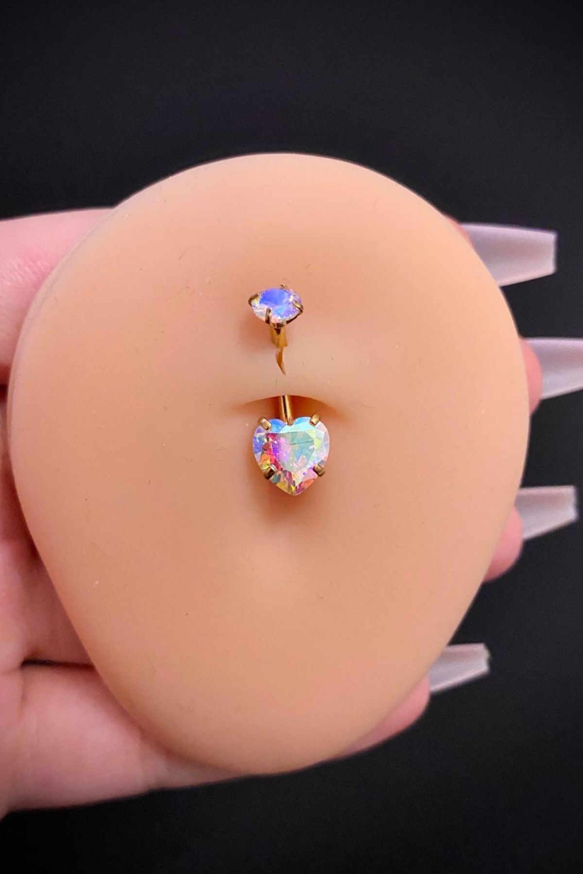 Kadın Gold Gökkuşağı Kalp Zirkon Taşlı Belly Çelik Göbek Piercing