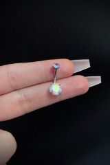 Kadın Gümüş Hologram Yuvarlak Taşlı Belly Cerrahi Çelik Göbek Piercing