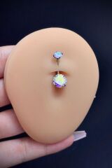 Kadın Gümüş Hologram Yuvarlak Taşlı Belly Cerrahi Çelik Göbek Piercing