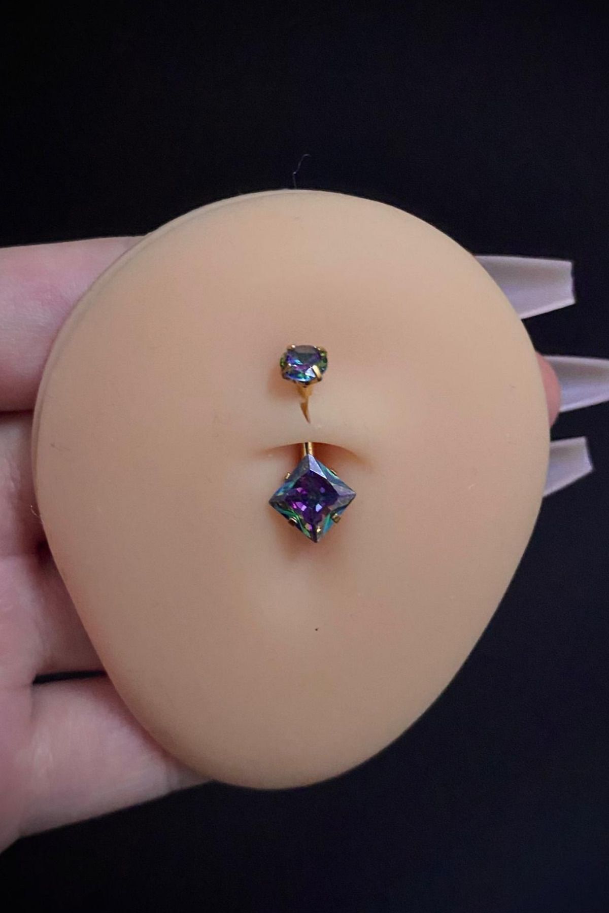 Kadın Gold Hologram Kare Taşlı Belly Cerrahi Çelik Göbek Piercing