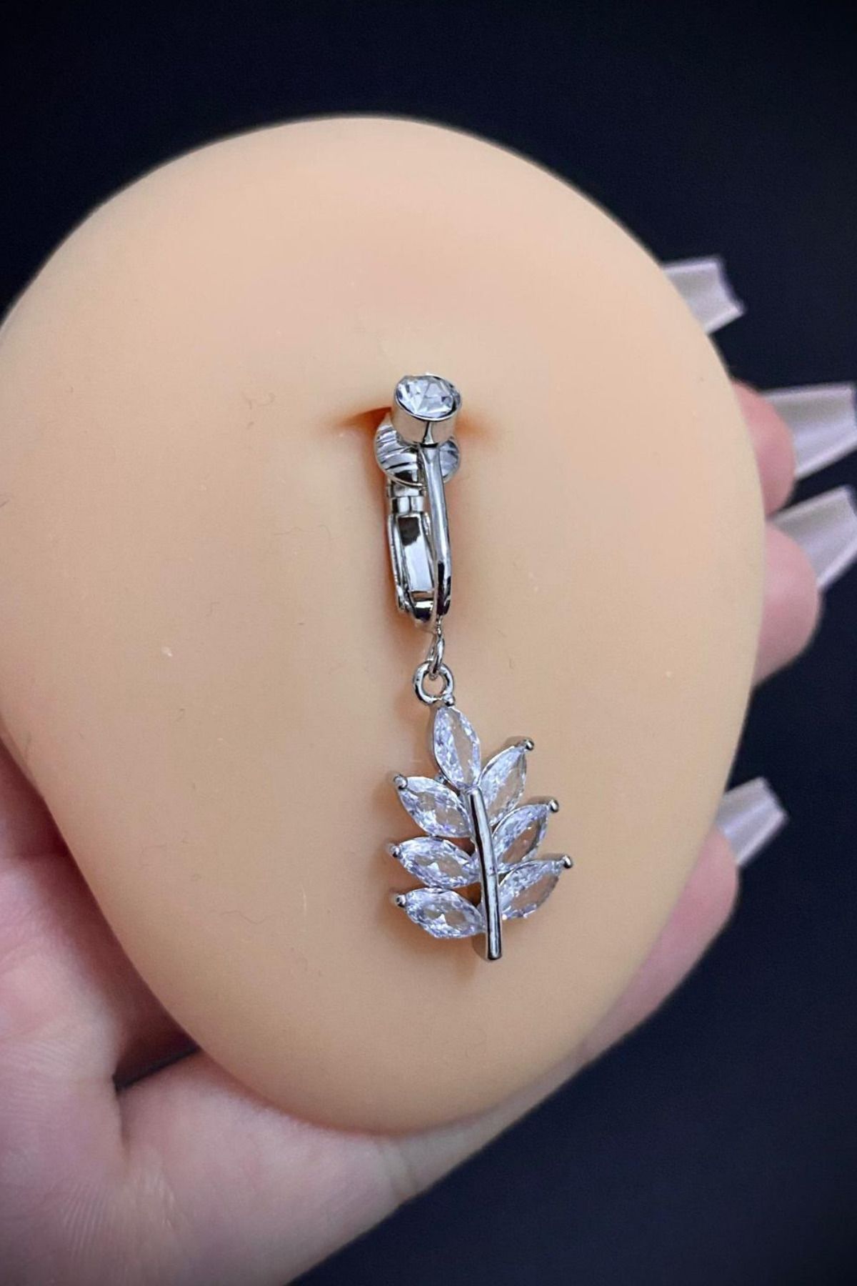 Kadın Yaprak Figür Zirkon Taşlı Sıkıştırma Deliksiz Belly Göbek Piercing