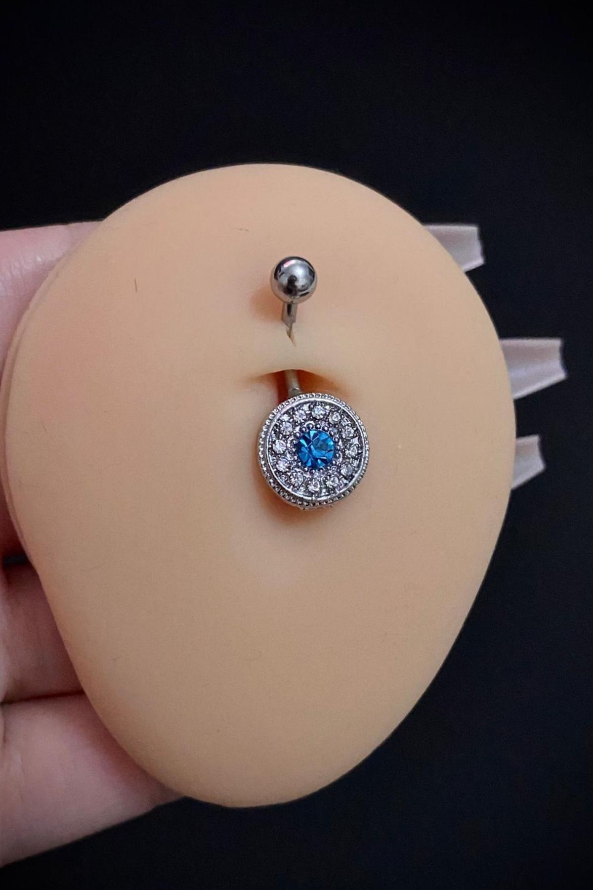 Kadın Gümüş Mavi Taşlı Halka Model Belly Çelik Göbek Piercing