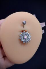 Kadın Gümüş Papatya Taşlı Belly Çelik Göbek Piercing