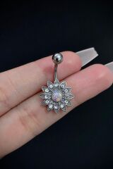 Kadın Gümüş Papatya Taşlı Belly Çelik Göbek Piercing
