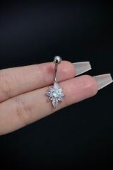 Kadın Gümüş Lotus Çiçeği Figürlü Zirkon Taşlı Belly Cerrahi Çelik Göbek Piercing
