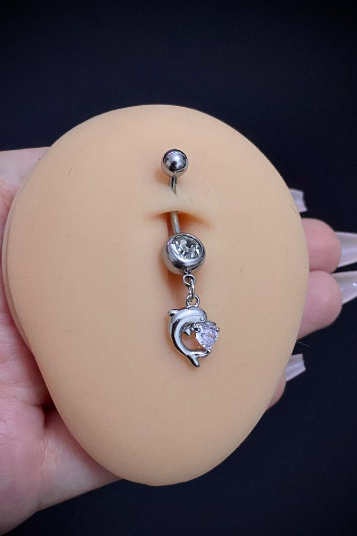 Kadın Gümüş Yunus Balığı Figürlü Sallantılı Belly Çelik Göbek Piercing