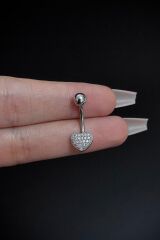 Kadın Gümüş Kalp Tasarım Model Zirkon Taşlı Belly Çelik Göbek Piercing