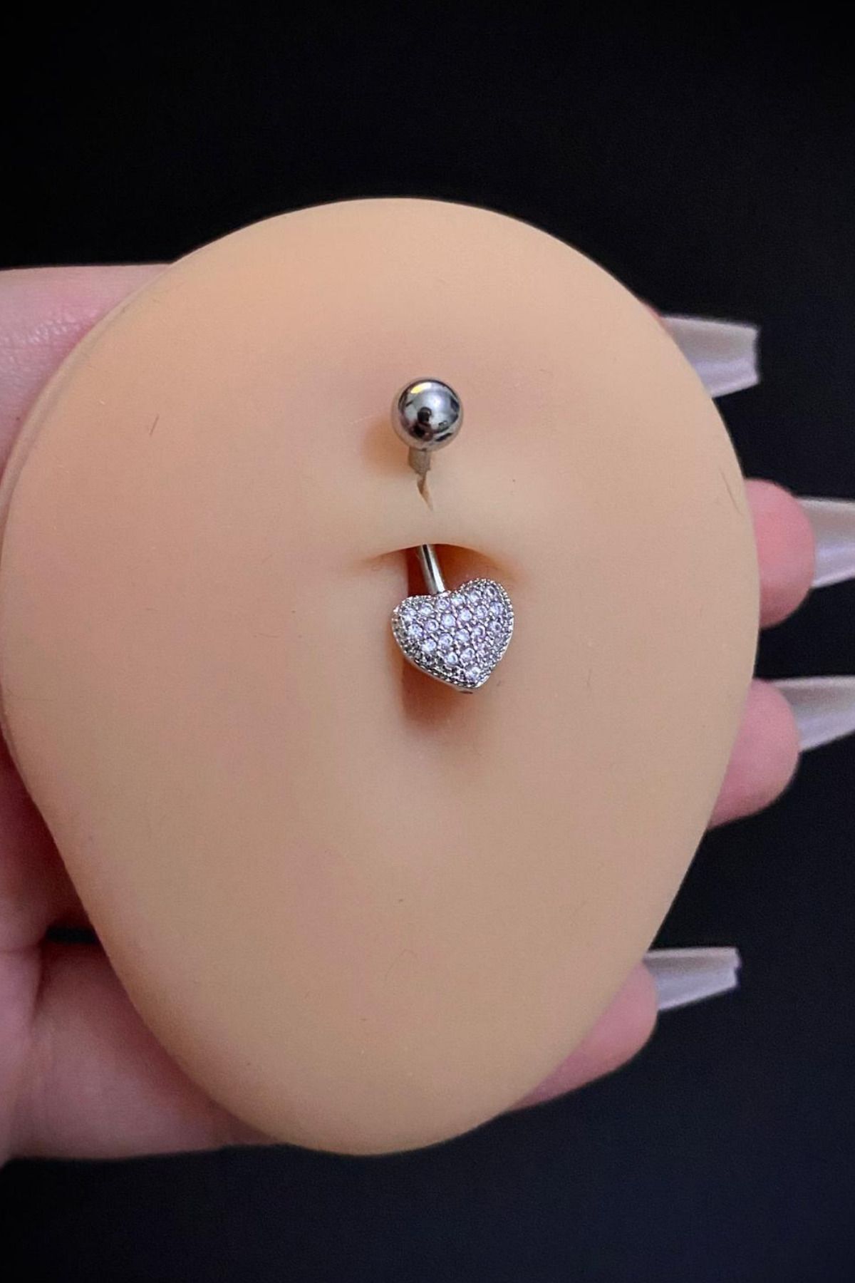 Kadın Gümüş Kalp Tasarım Model Zirkon Taşlı Belly Çelik Göbek Piercing
