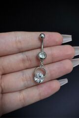 Kadın Gümüş Renk Sallantılı Zirkon Taşlı Belly Cerrahi Çelik Göbek Piercing