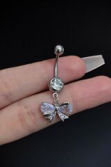 Kadın Gümüş Fiyonk Zirkon Taşlı Sallantılı Belly Çelik Göbek Piercing