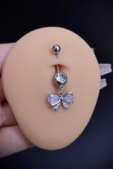 Kadın Gümüş Fiyonk Zirkon Taşlı Sallantılı Belly Çelik Göbek Piercing