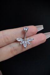 Kadın Gümüş Tasarım Çiçek Figür Zirkon Taşlı Belly Cerrahi Çelik Göbek Piercing