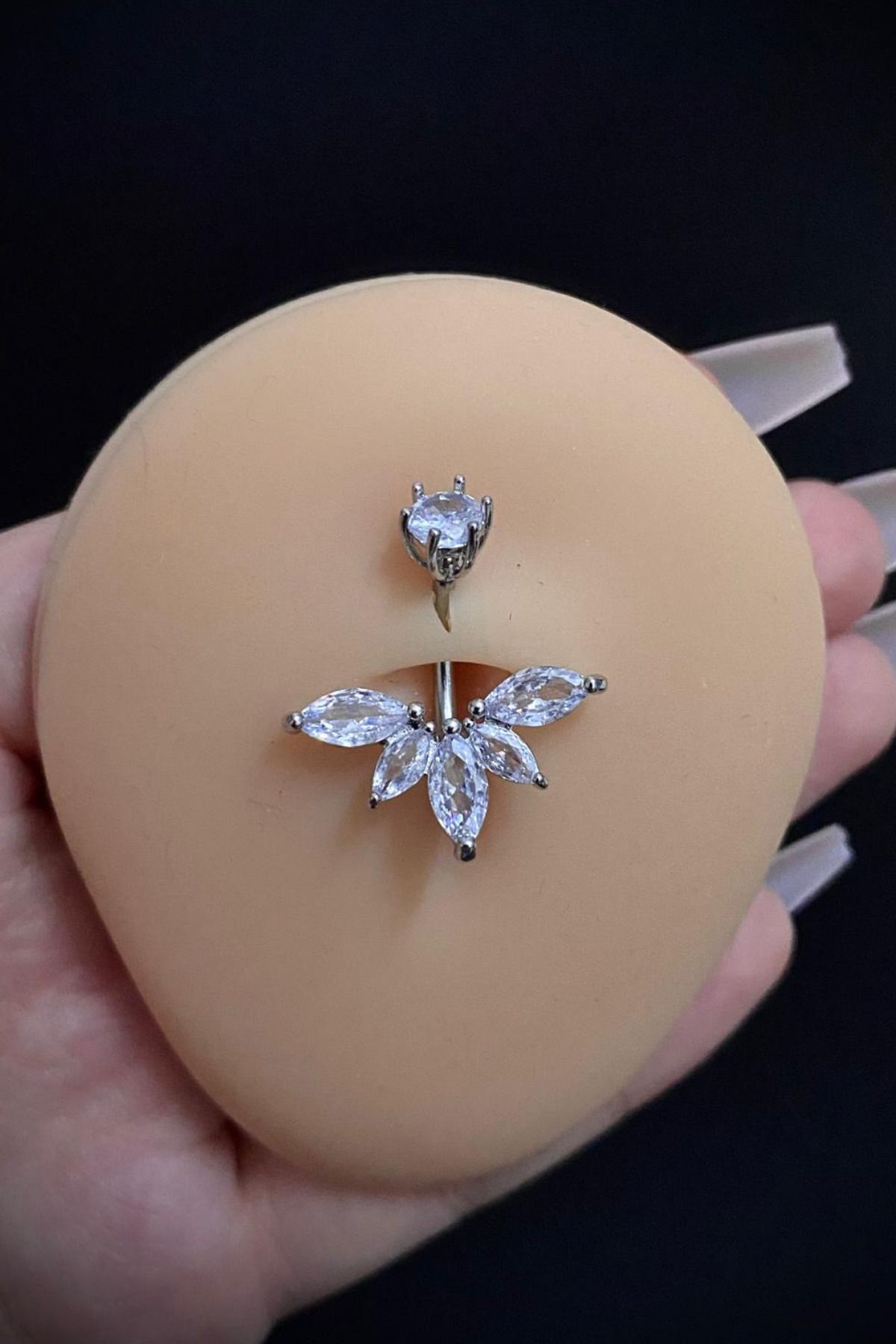 Kadın Gümüş Tasarım Çiçek Figür Zirkon Taşlı Belly Cerrahi Çelik Göbek Piercing
