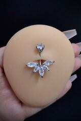 Kadın Gümüş Tasarım Çiçek Figür Zirkon Taşlı Belly Cerrahi Çelik Göbek Piercing